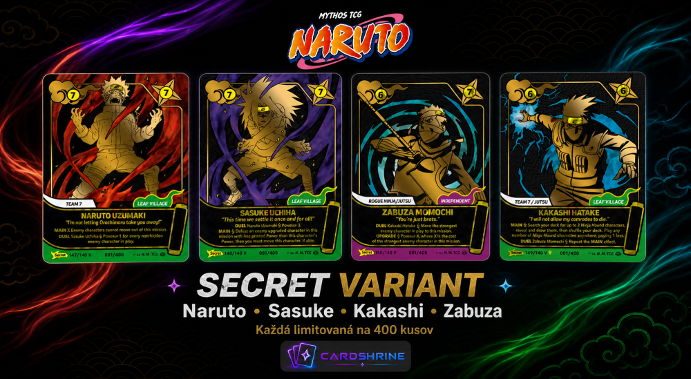 Číslované Secret Variant karty Naruto, Sasuke, Kakashi a Zabuza